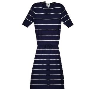 Vicky and Lucas Womens Navy Blue White Striped Knit Midi Dress Drawstring Size M